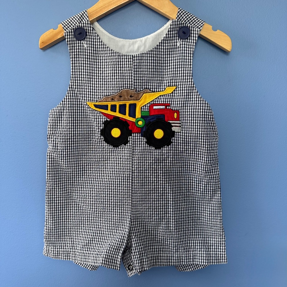 Vintage Samara Baby Boys Gingham Dump Truck Shortall Romper Navy White 12M